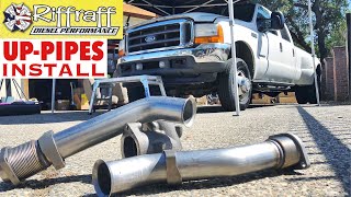 2001 F350 73  RiffRaff UpPipes Install  Stock up pipes leaking and falling apart JUNK SP [upl. by Callery]