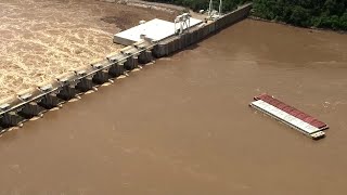 Barges hit Oklahoma dam on Arkansas River [upl. by Lacim]